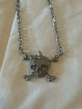 CyberSpace Silver Skull & Crossbones Bow Pendant Necklace - Heart Eyes